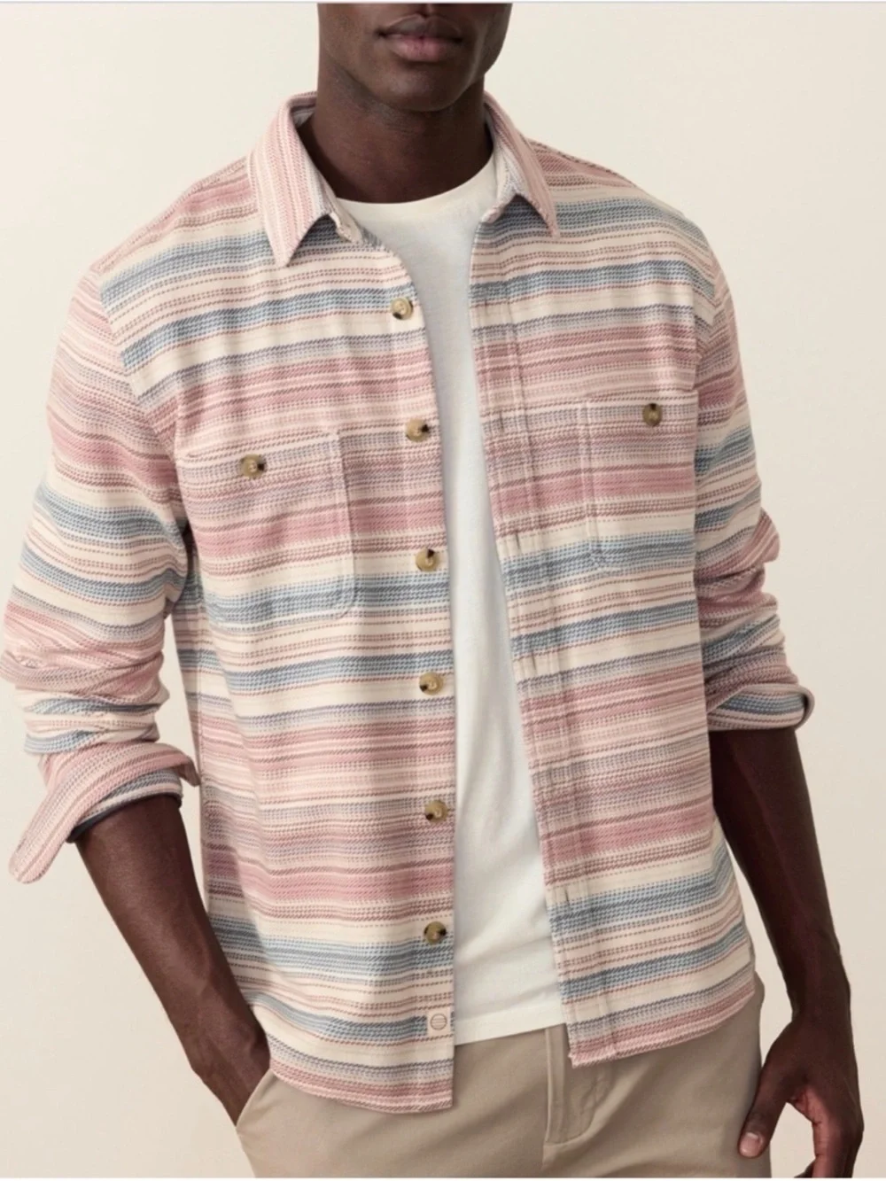 MARINE LAYER Mens Pacifica Stretch Twill Shirt Warm Baja Stripe Medium NWT